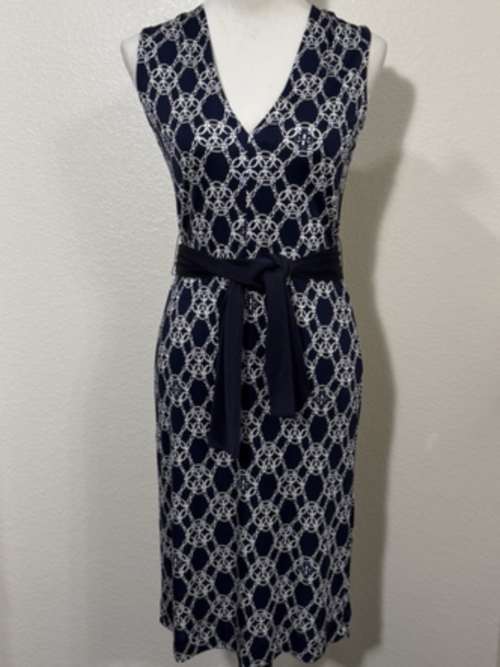 Tory Burch Womens Small Nicola Navy White Chain Print Silk Jersey Dress